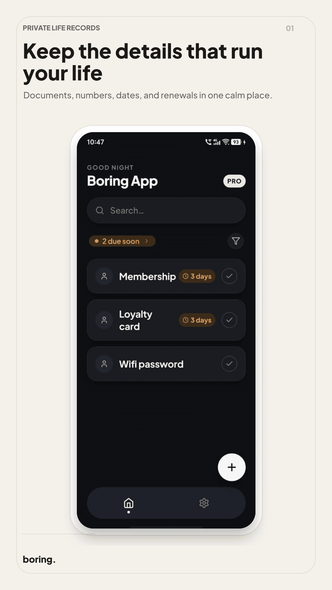 Boring App records home screen