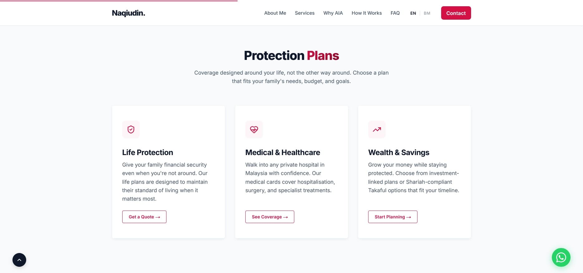 Services section of the insurance landing page